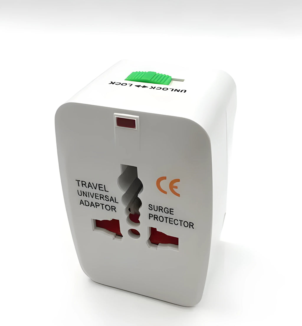 Universal travel adapter plug showing multiple international plug configurations including UK, EU, Australian, Chinese and US compatibility
