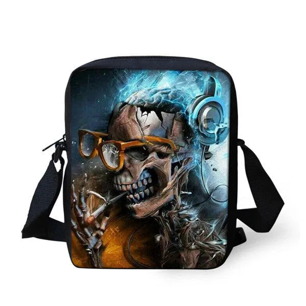 Medium-sized black children's messenger bag with a white skull pattern and double shoulder straps.