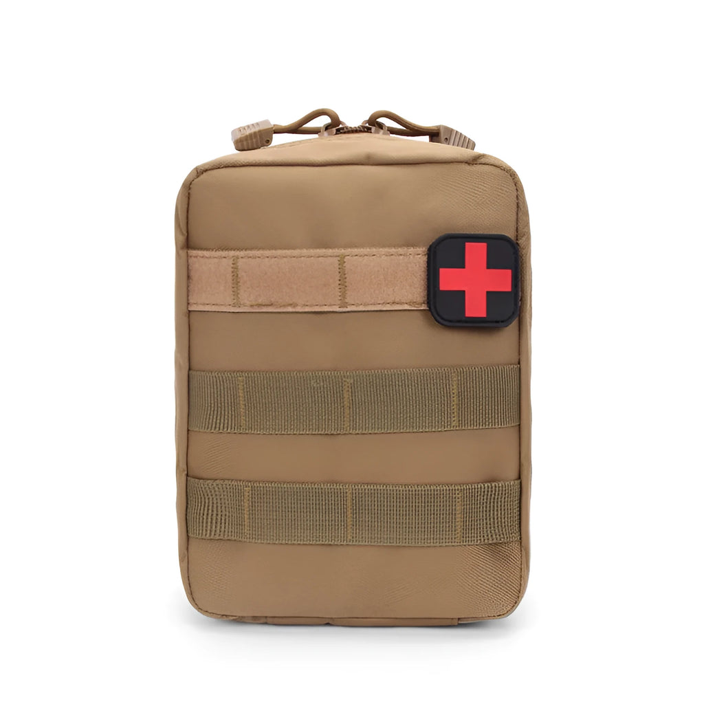 Army green tactical vest accessory pouch with Velcro patches made from nylon fabric.