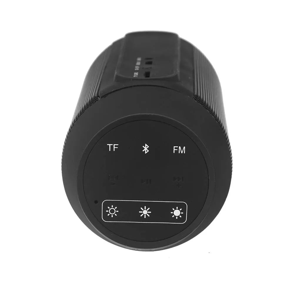 Mini black or white Bluetooth stereo with colourful lights showing 360° sound and compact dimensions