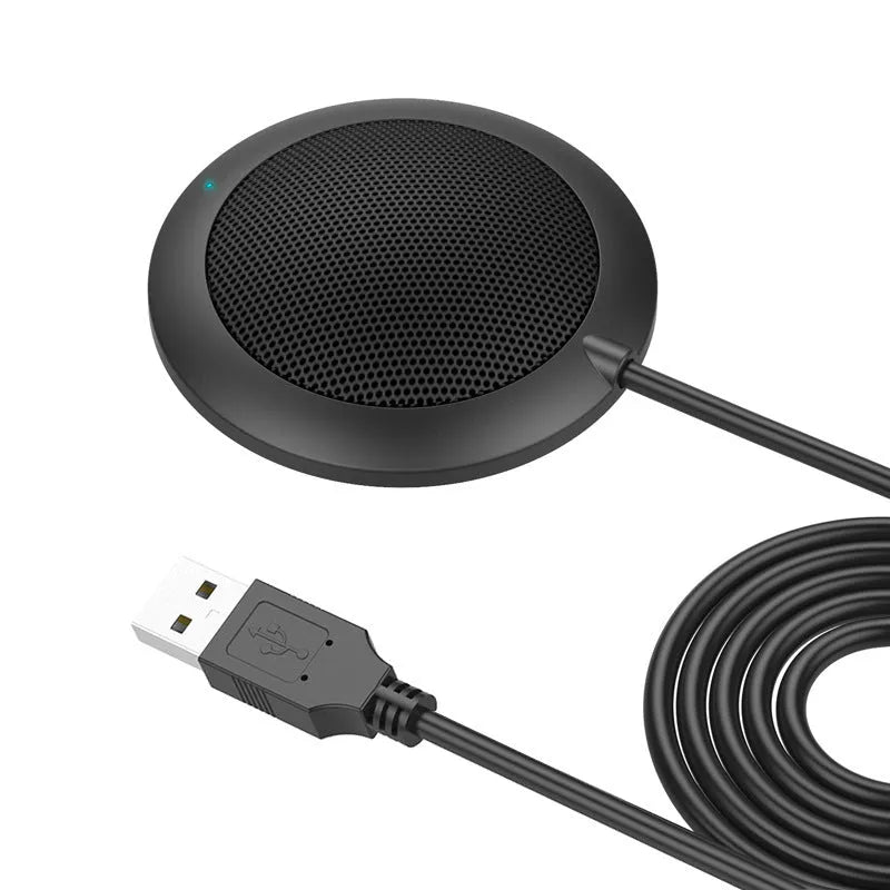 Black USB omnidirectional desktop microphone with metal mesh cover and 70mm diameter design