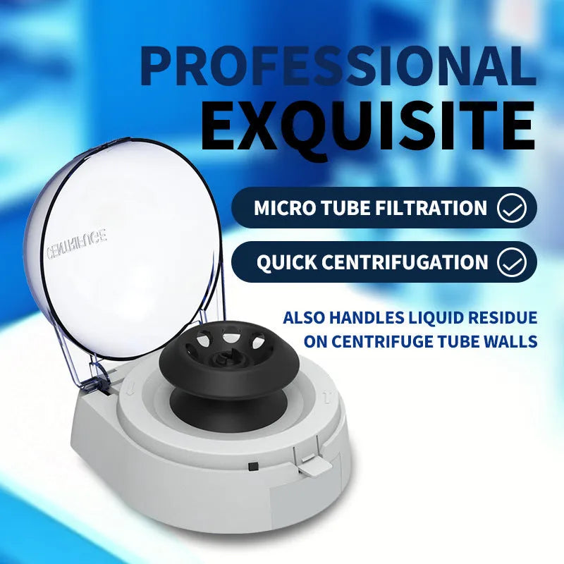 Mini laboratory centrifuge on a benchtop with dimensions 157mm wide by 170mm deep