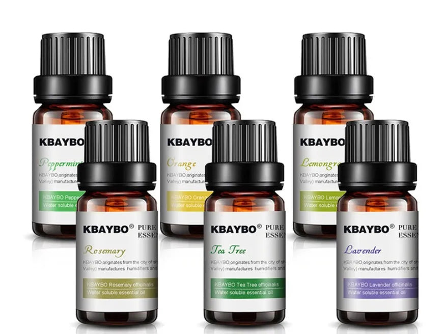 Set of six 10ml glass bottles of botanical aromatherapy essential oils in Lavender, Lemongrass, Tea Tree, Peppermint, Rosemary, and Orange