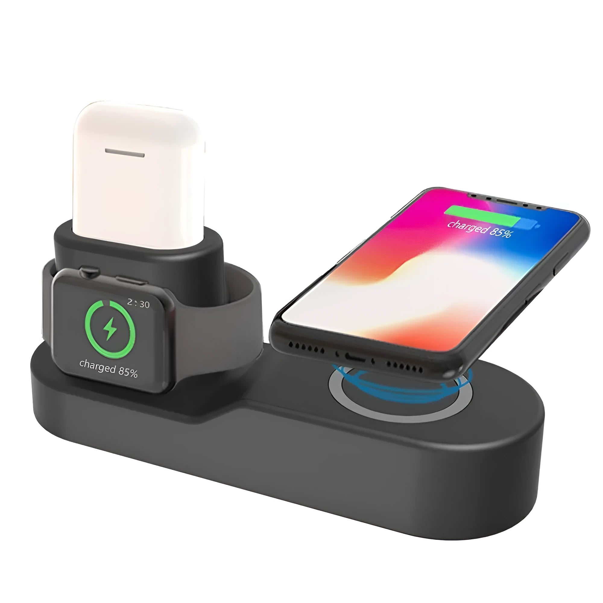 Black and white wireless charging station for Apple devices with detachable magnetic Apple Watch charger