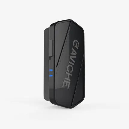 Black personal air purifier necklace worn around neck, showing compact rectangular shape.