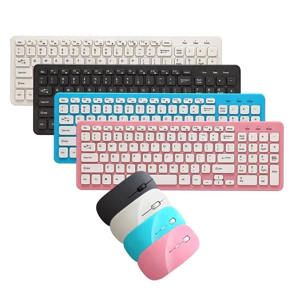 Black wireless keyboard and mouse set with 96 chocolate-style keys and a compact mouse on a desk.
