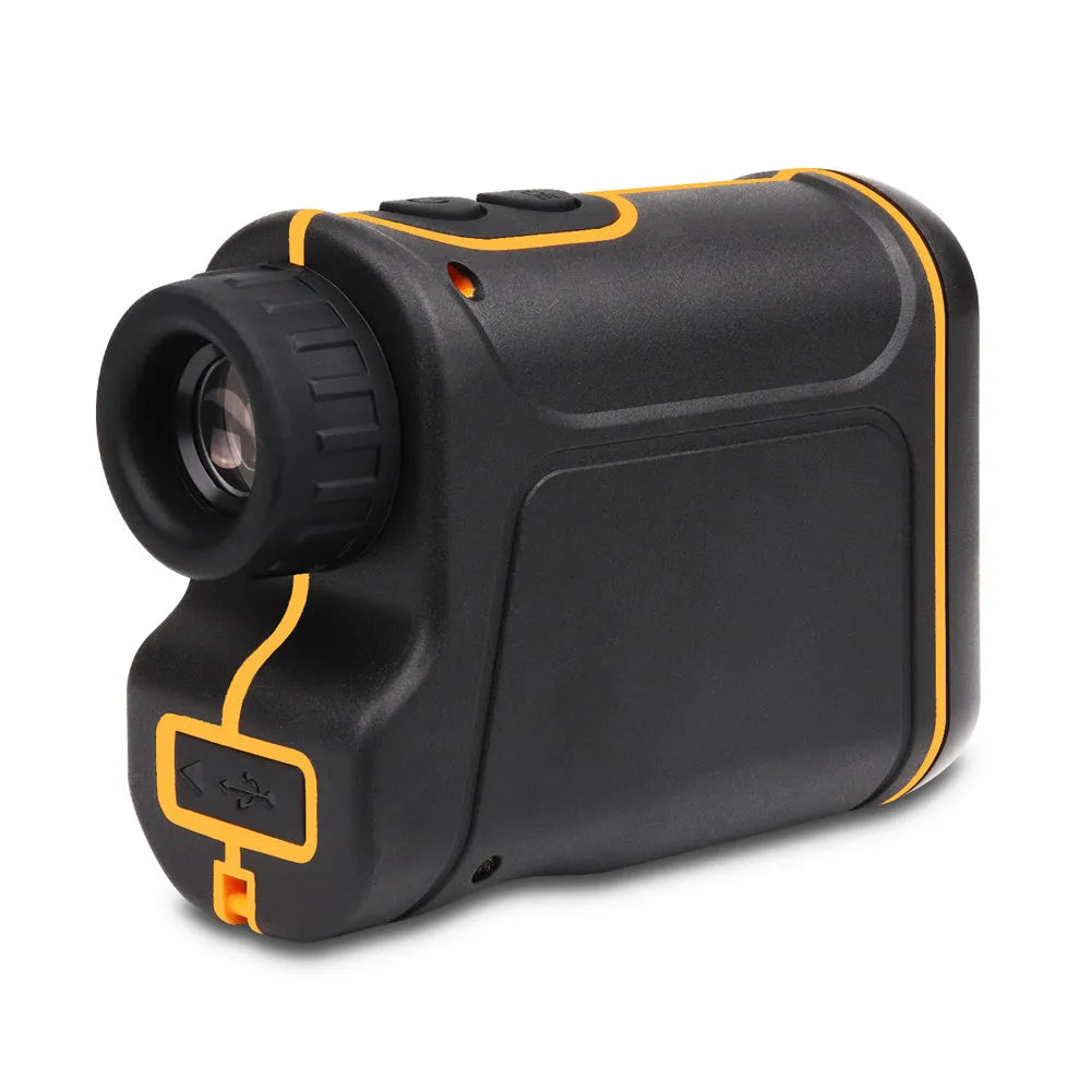 Handheld golf rangefinder showing digital display with distance measurement