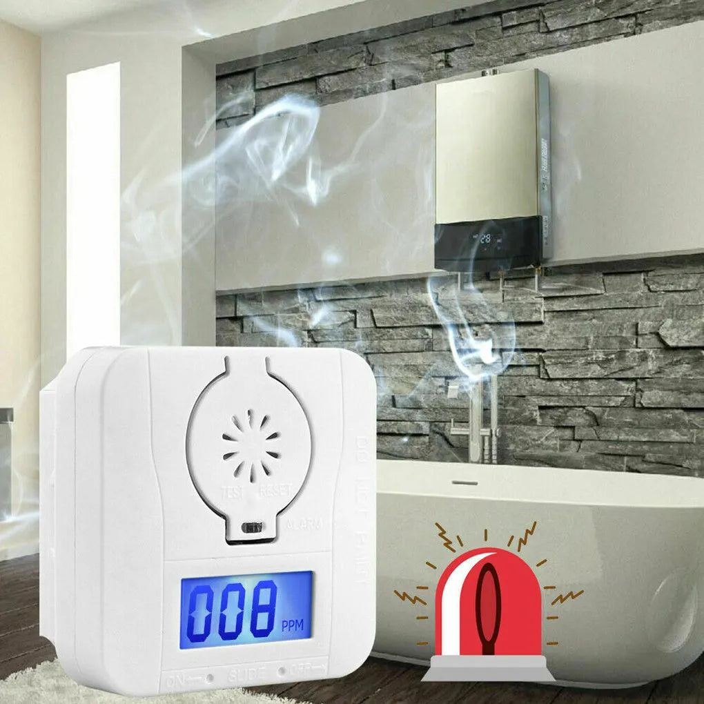 White wireless carbon monoxide alarm mounted on a wall for home safety.