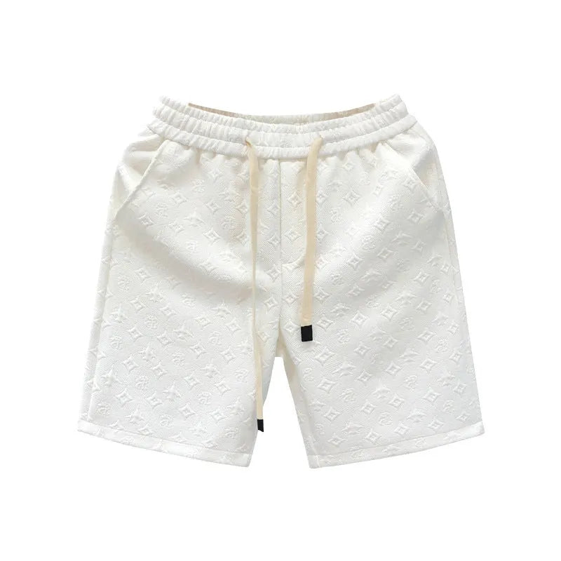White jacquard shorts for men with straight cut and micro elastic fabric, displayed on a model