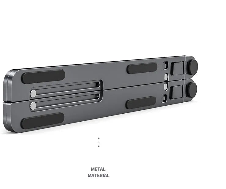 Aluminum foldable laptop stand in silver colour, shown adjusted to an elevated height with a laptop on top.