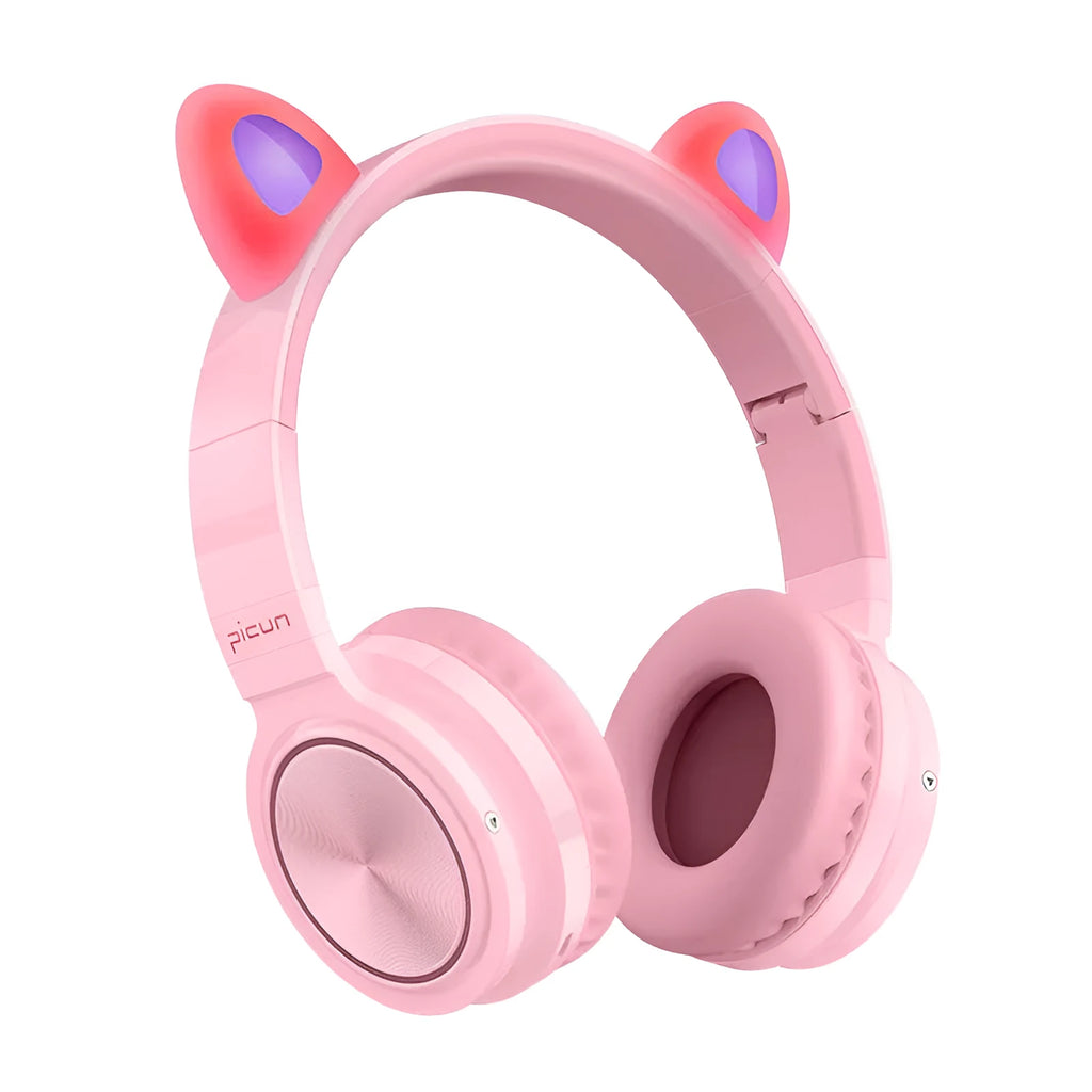 Pink and white Bluetooth over-ear headphones with braided cable and built-in microphone