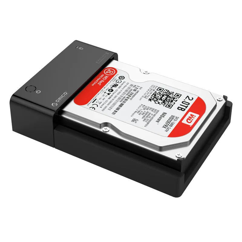 Black plastic hard disk enclosure for 2.5-inch and 3.5-inch SATA drives with USB cable