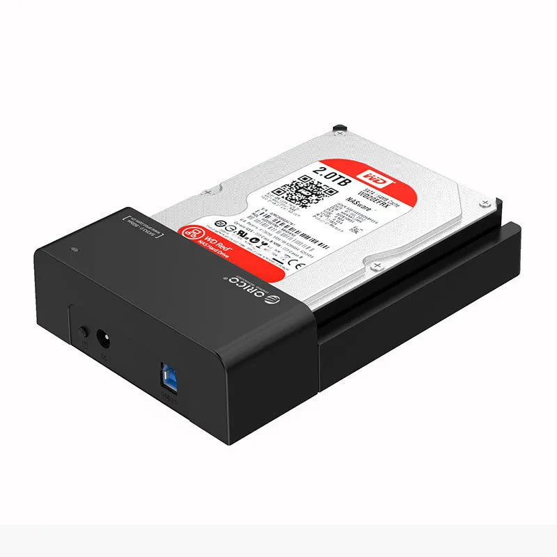 Black plastic hard disk enclosure for 2.5-inch and 3.5-inch SATA drives with USB cable