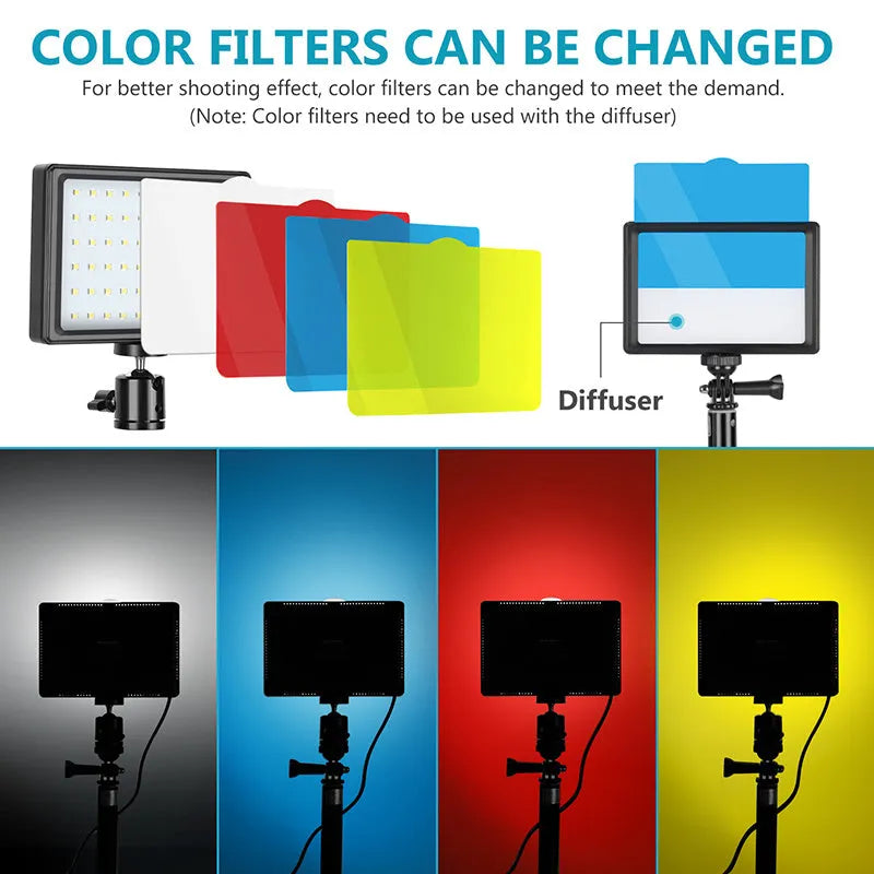 LED double lamp set with black mini tripods, extension rods, and colour filters on a white background