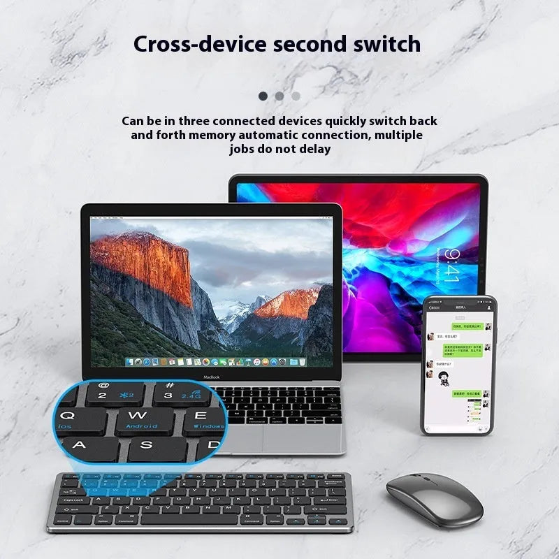 Ultra-thin wireless keyboard and silent mouse set in black, gun metal, or silver with Bluetooth and 2.4GHz connectivity