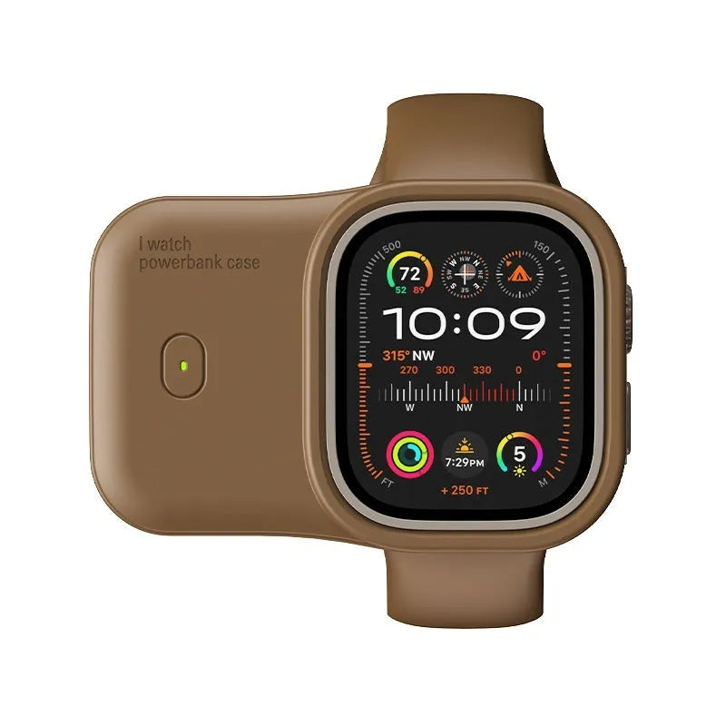 Apple Watch portable wireless charging case power bank in brown, midnight blue, and starlight colours