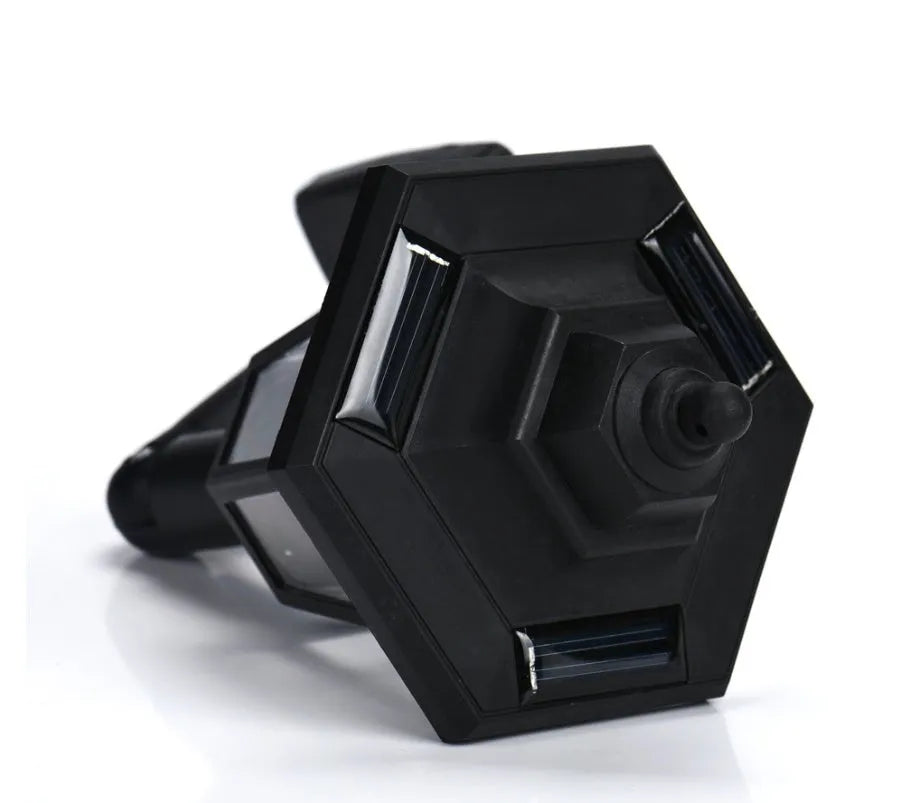 Black hexagonal solar wall lamp with solar panel, measuring 13x15x22cm