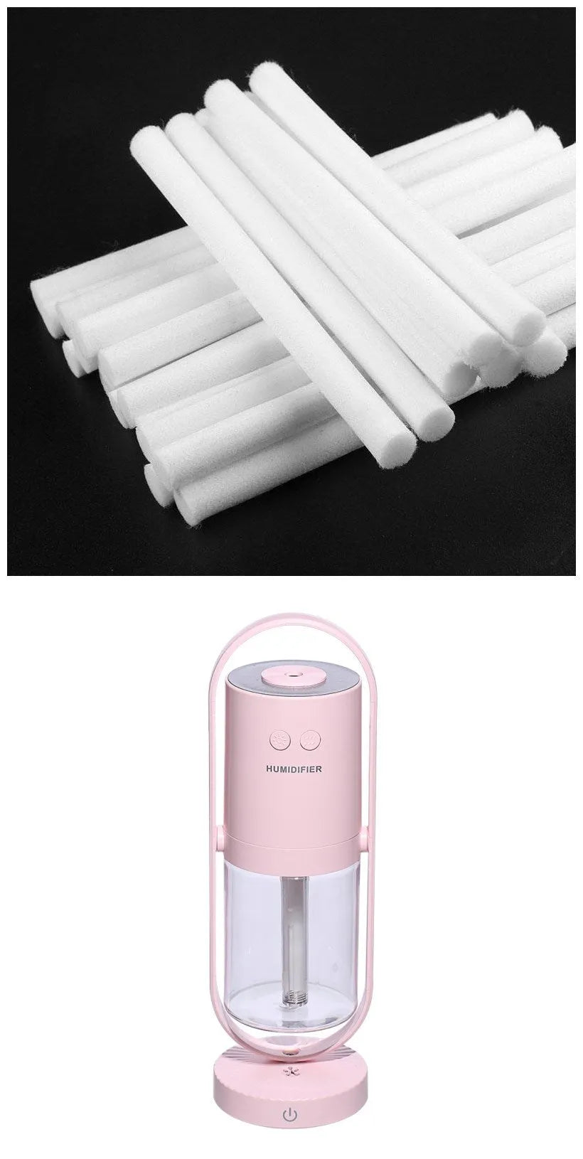 Compact anion humidifier with 200mL tank, USB cable, available in dark blue, pink, sky blue, white
