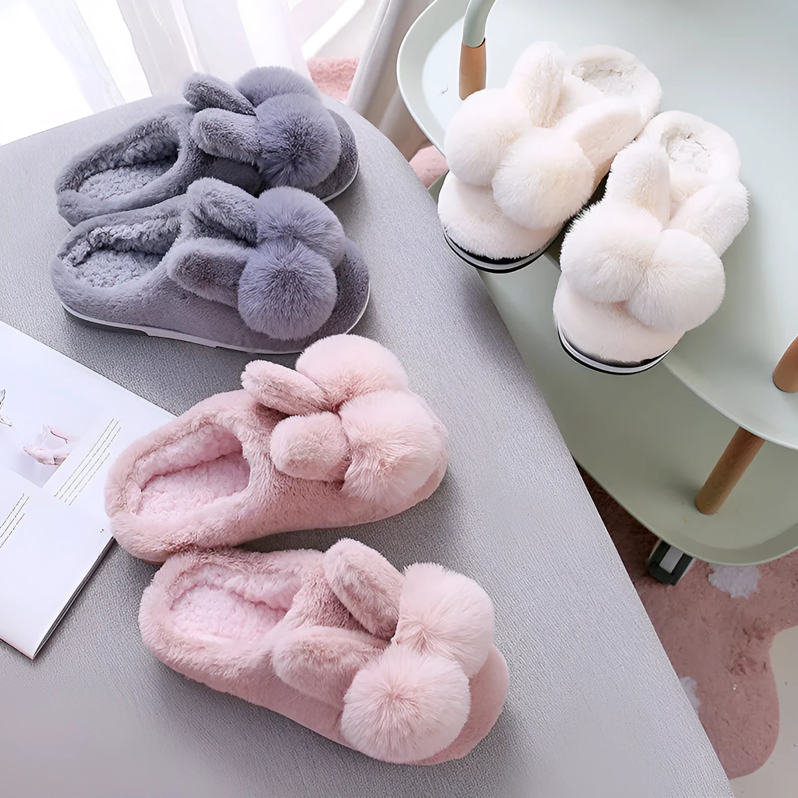 Women's high upper fluffy bunny slippers in rabbit fur, shown in creamy white colour with a low heel.