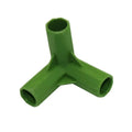 Two white plastic plant stake connectors, one three-way and one four-way, for 11mm garden stakes.