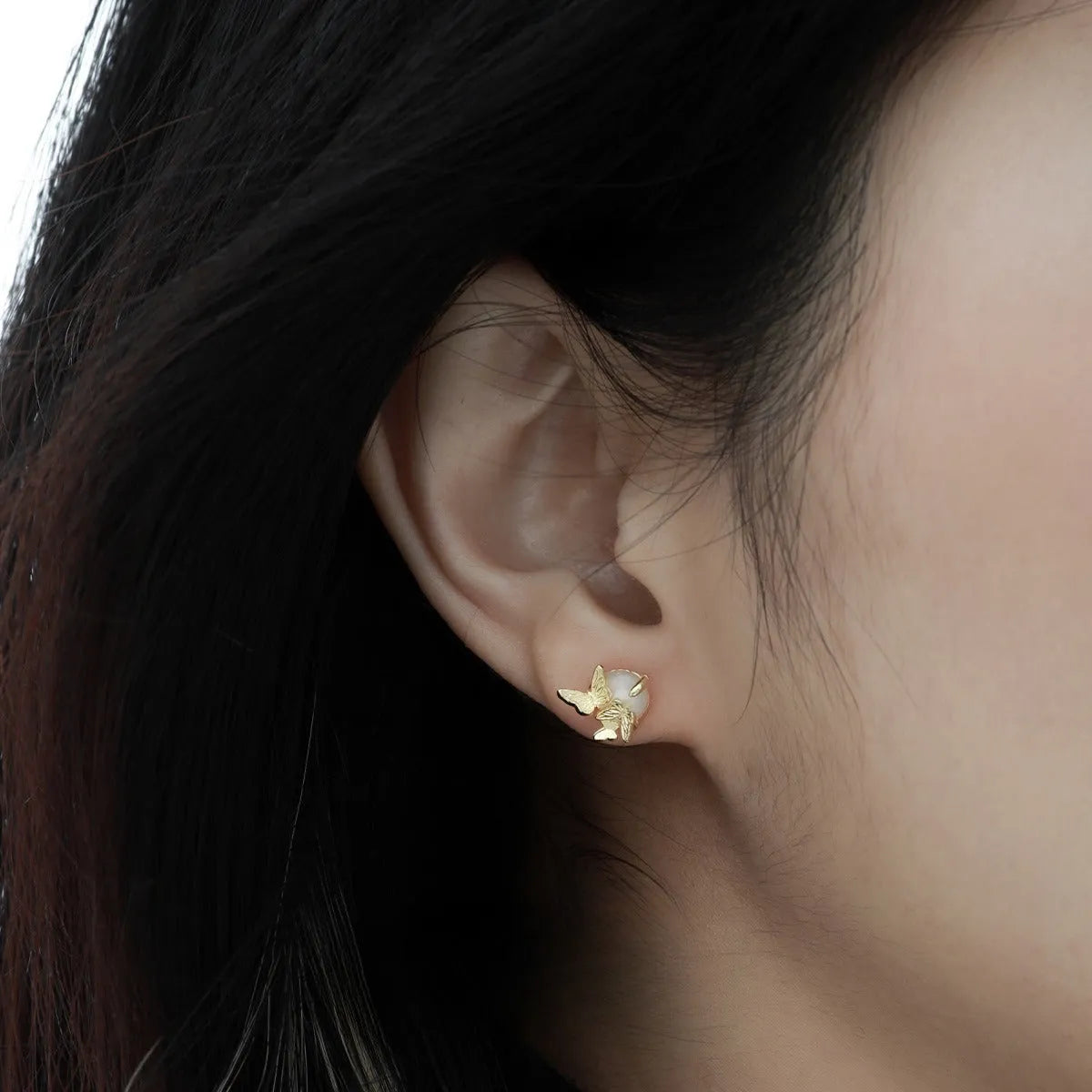 Butterfly ear studs in 925 sterling silver with gold or white gold electroplated finish