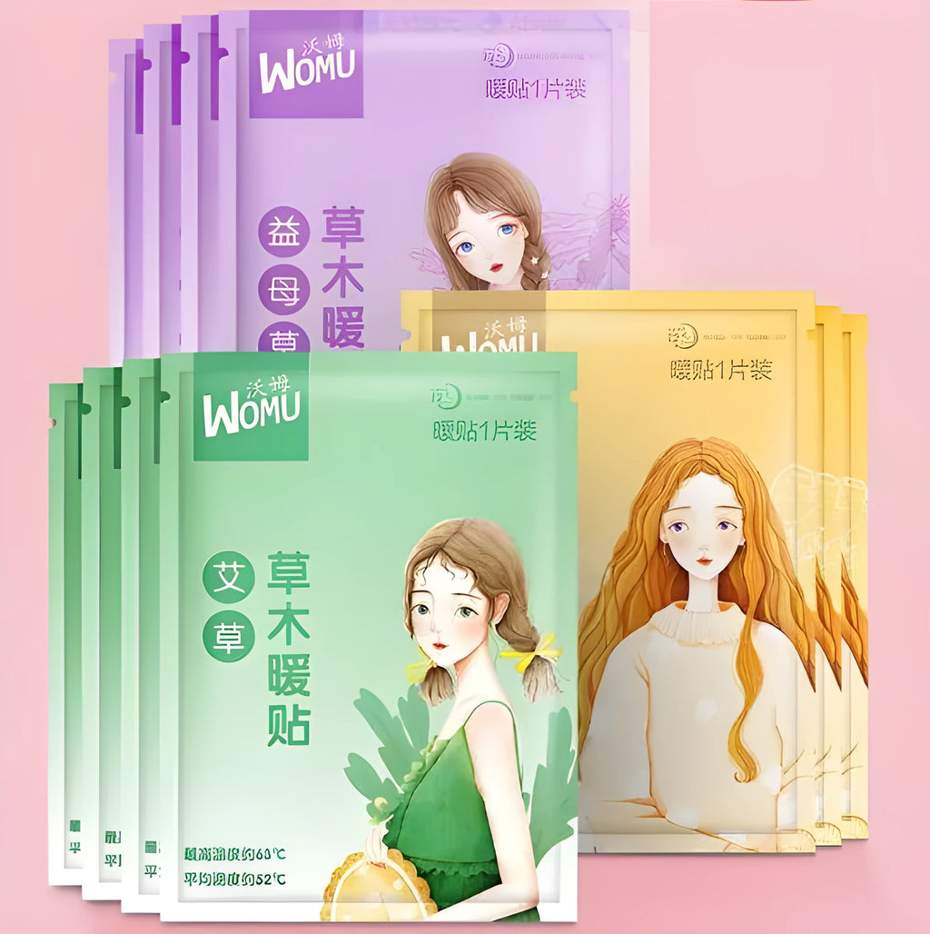 A single pack of a self-heating uterus warming plaster, showing the four colour options for the different herbal types: argy wormwood, ginger, motherwort, and sea salt.