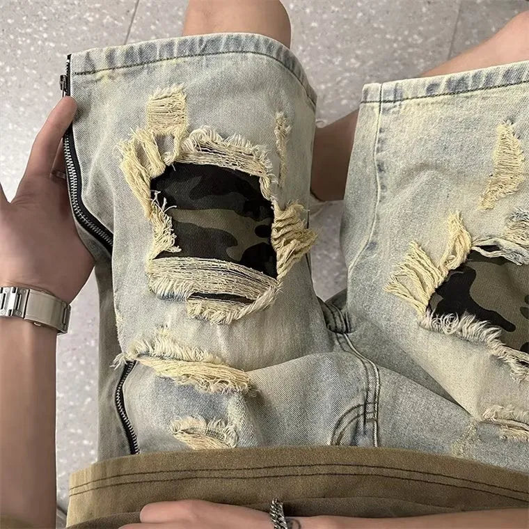 Men's yellow ripped camouflage denim shorts with straight leg cut and Korean styling