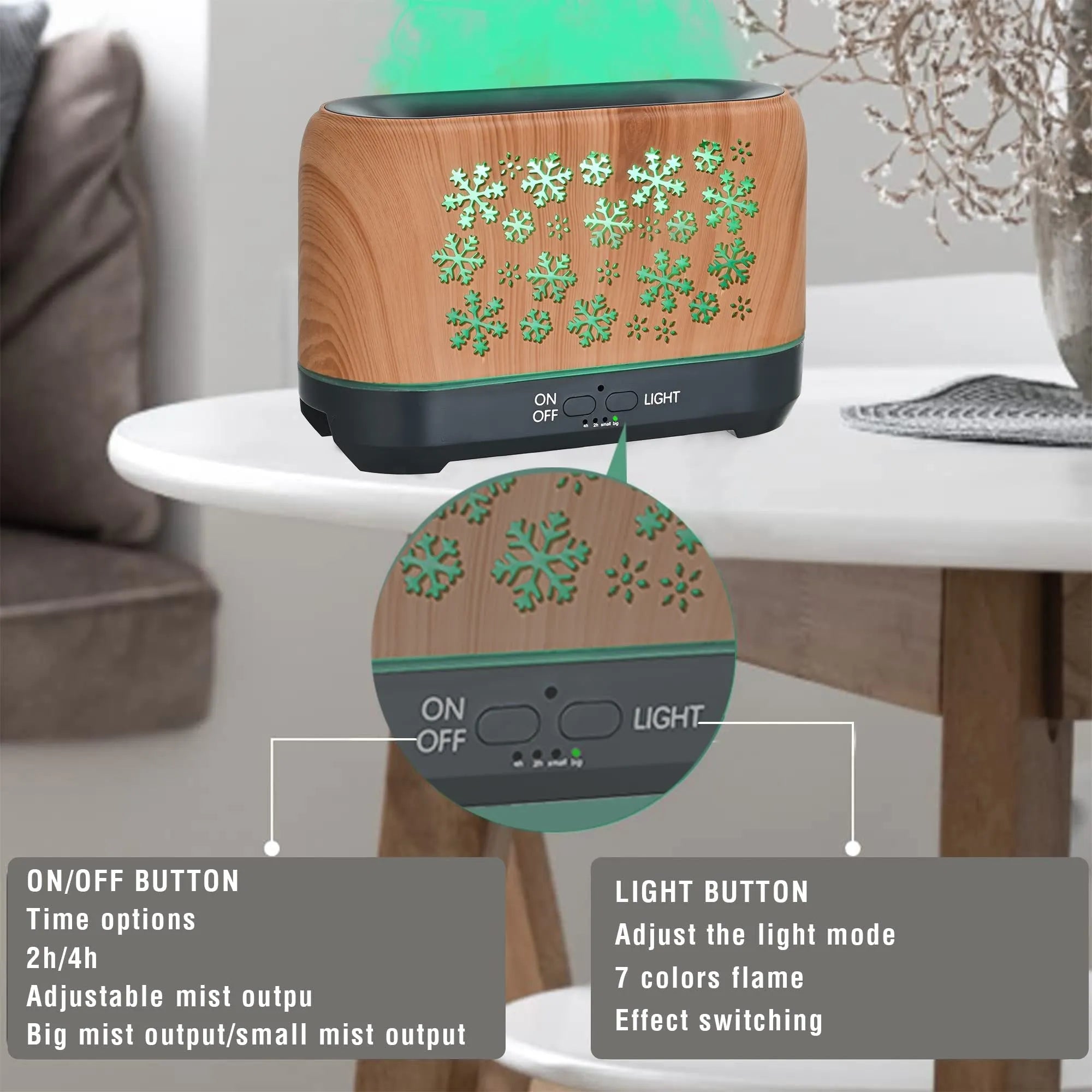 Square plastic humidifier with snowflake wood grain pattern emitting mist and 7-colour flame light effect