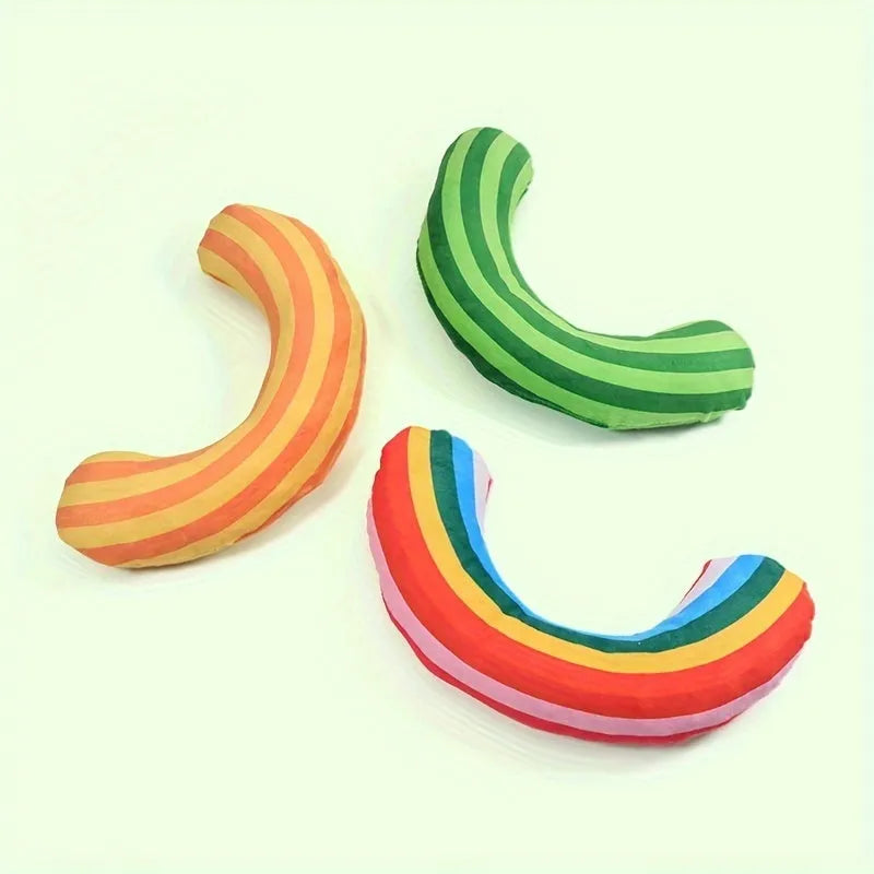 Cat toy set with striped pillow and noise toy measuring 23x20cm in green, rainbow, or yellow colours
