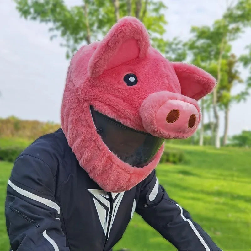 Pink pig cartoon patterned plush protective hood for motorcycle helmets in soft pv velvet cloth