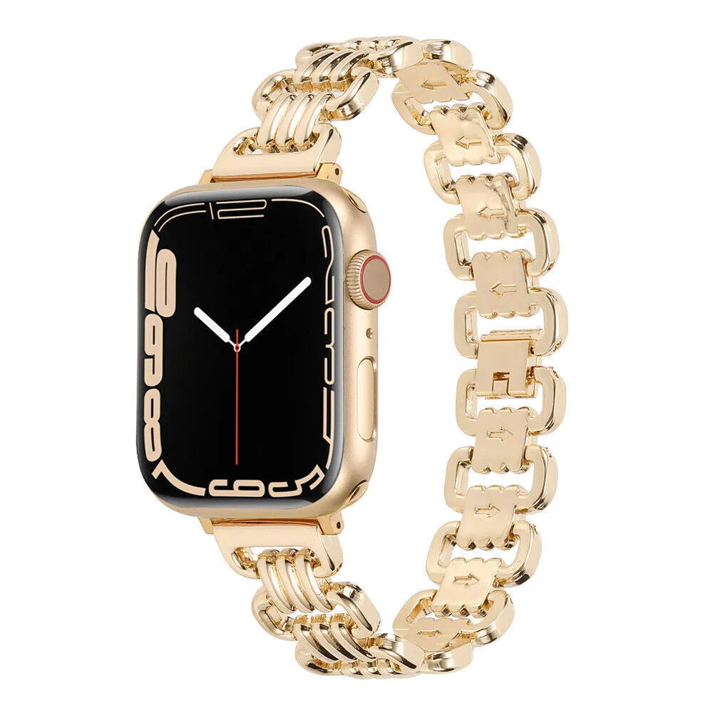 Alloy metal Apple Watch replacement bracelet in silver, black, gold, rose gold and Starlight colours.
