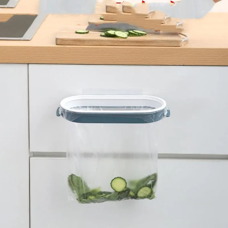 Blue plastic kitchen cabinet garbage bag storage rack holding rubbish bags