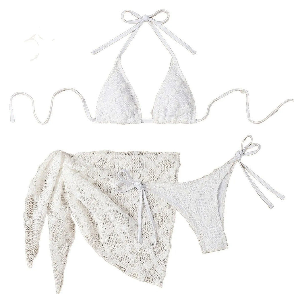 White women's split bikini mesh halter bandage swimsuit with apron, size S M L, polyester