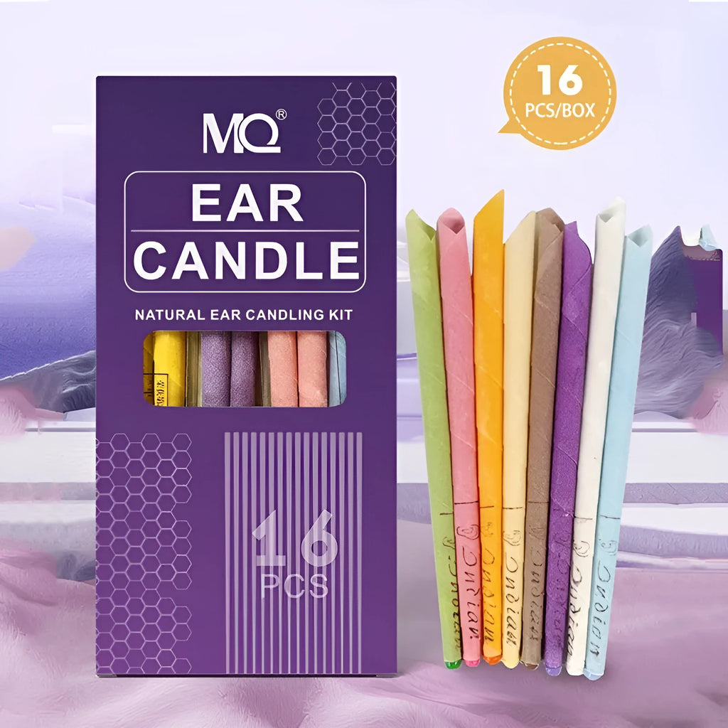 Box of 16 ear candles with protection boards and swabs in eight colour options for health massage.