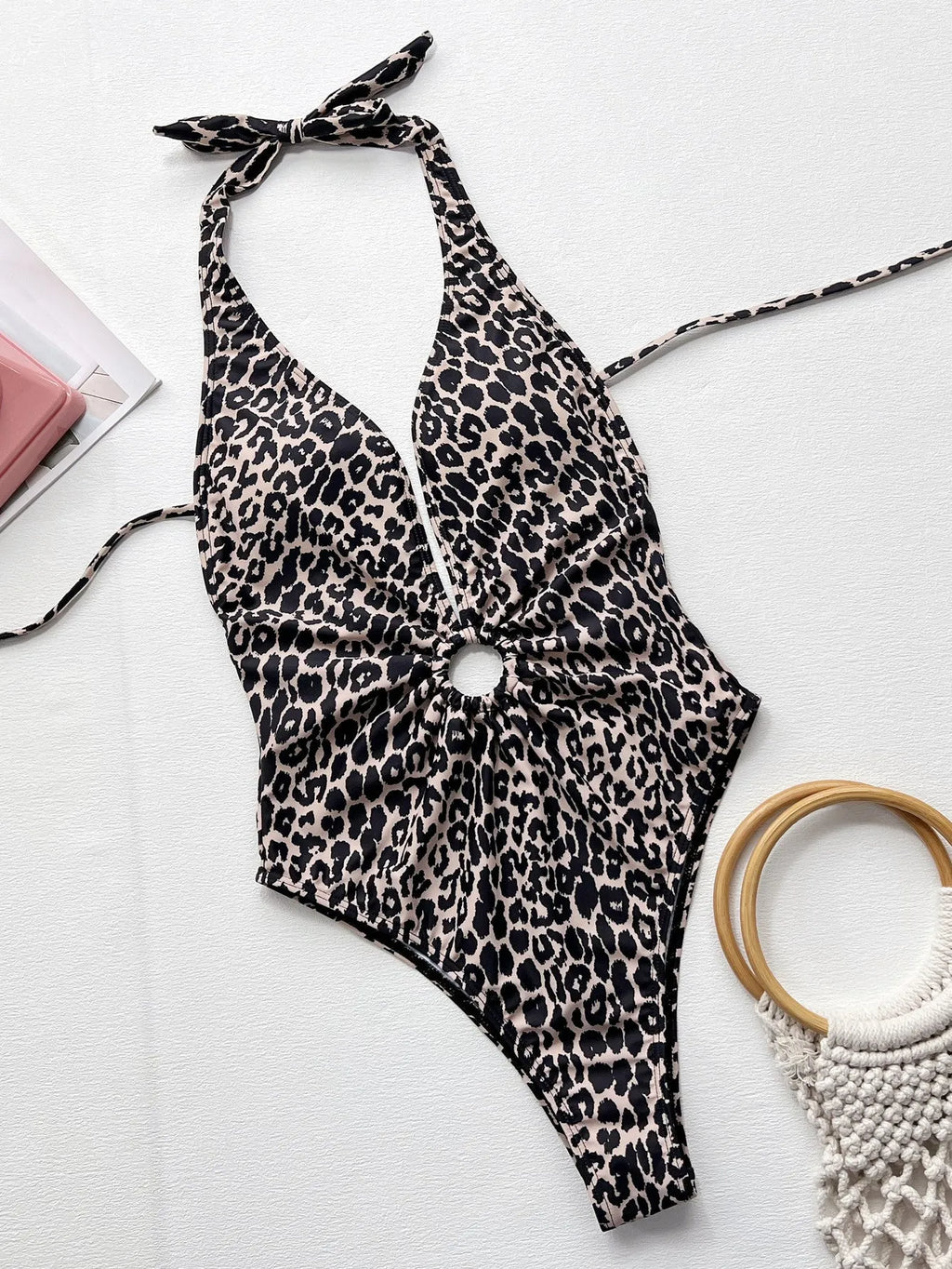 Women's leopard print one-piece swimsuit with hollow-out ring design detail