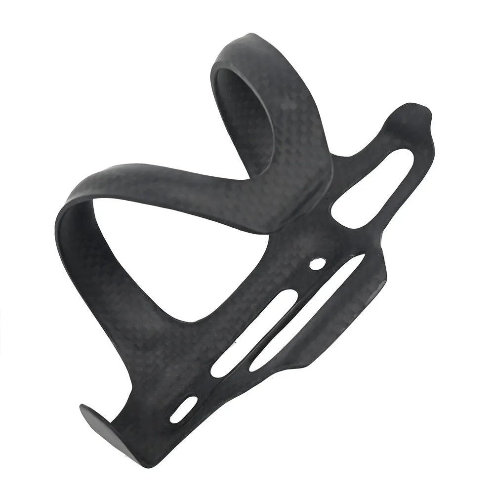 Black carbon fibre bicycle water bottle cage for road and mountain bikes.