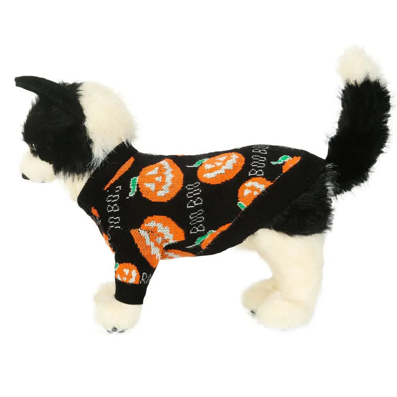 Black Halloween dog sweater with orange knitted pumpkin pattern on a mannequin, sizes S to XXL.