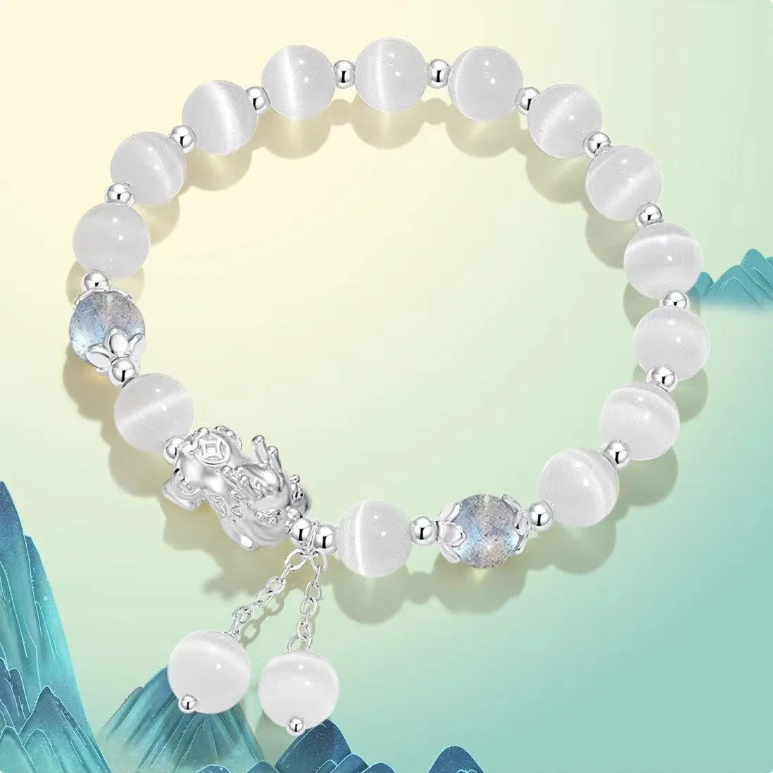 Handmade natural black agate and grey opal couple bracelet set with 10mm wave beads