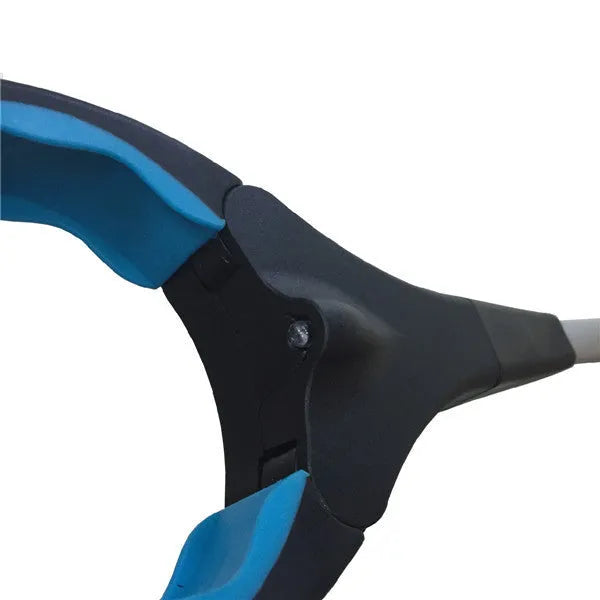 Blue foldable aluminium pickup trolley shown in folded position at 13cm wide.