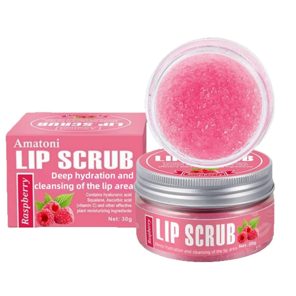 Amatoni fruit flavour lip scrub cream in 30g tube with coconut raspberry vanilla watermelon options