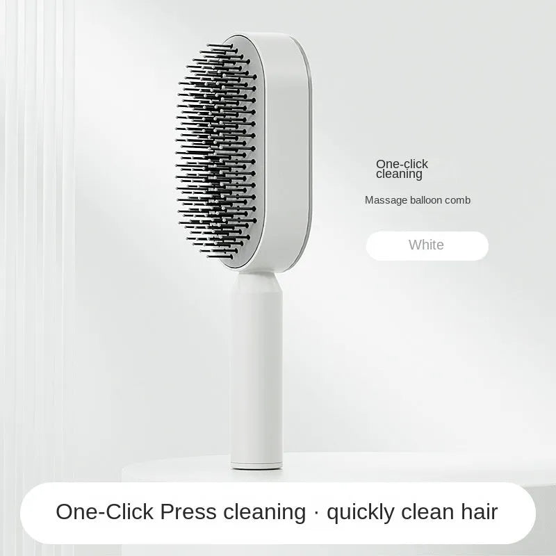 Automatic cleaning hair comb with 3D air cushion in pink, measuring 25x7x5cm, with ergonomic handle for scalp massage