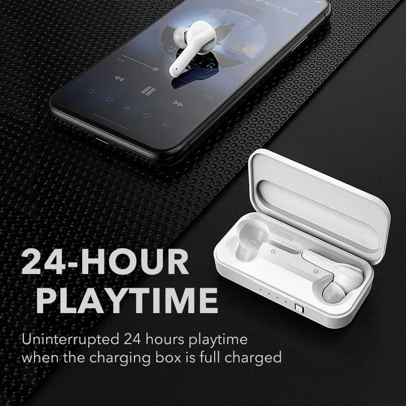 Black and white TWS wireless Bluetooth 5.0 earbuds with IPX5 waterproof rating
