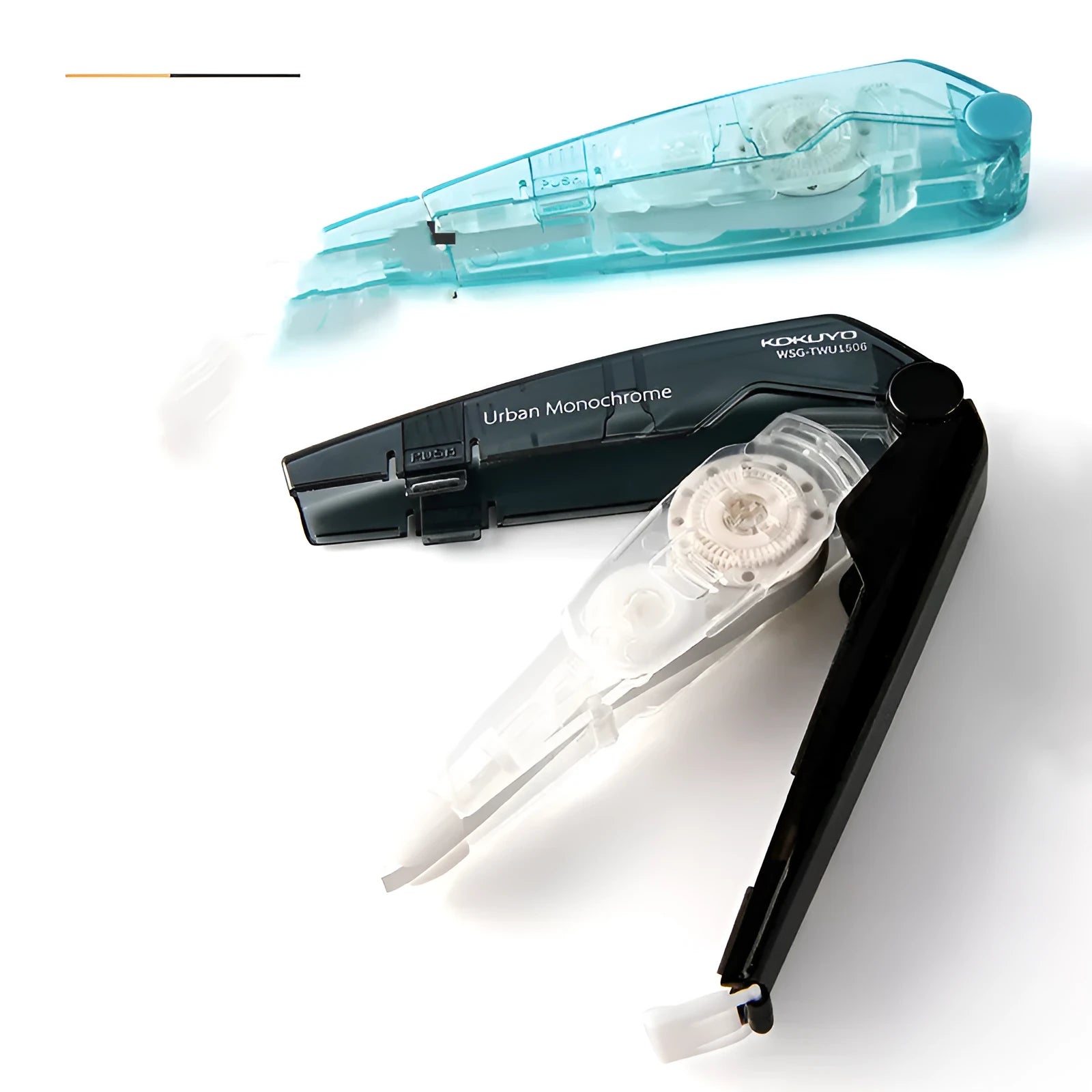Refillable correction tape with replaceable core mechanism in black, white, blue, pink, transparent and yellow colour options