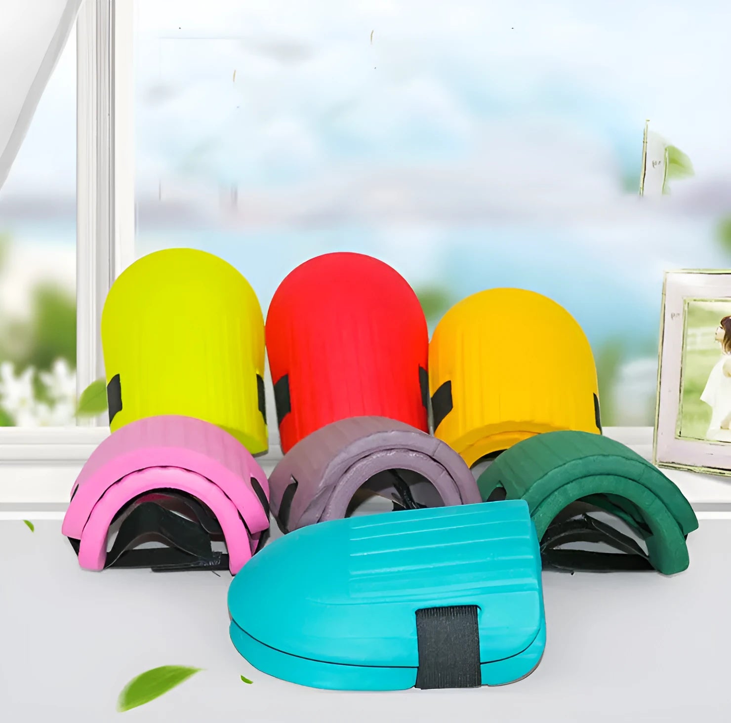 A pair of thick black EVA foam knee pads for garden kneeling, showing size and cushioning.