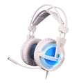 Black and white 7.1 USB gaming headset with LED lights on earcups and memory foam cushions.