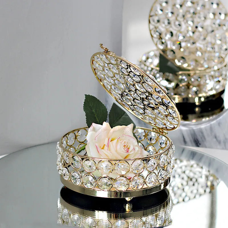 French gold European style jewellery storage box with transparent crystal glass panels and iron metal construction