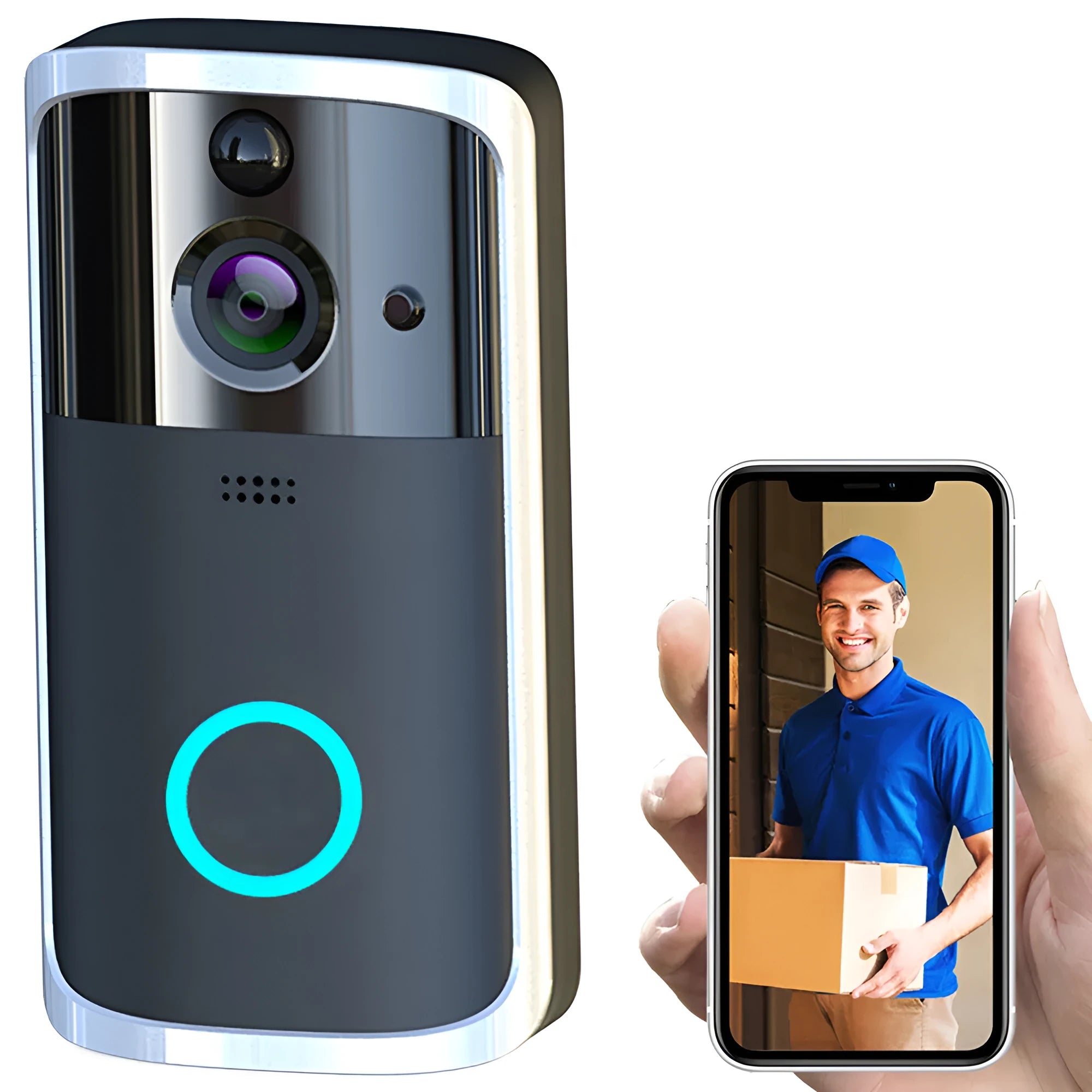 WiFi video doorbell camera in black with two-way voice intercom and infrared night vision for remote home monitoring