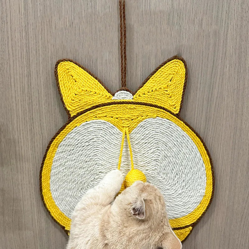 Yellow cat scratching board with corgi butt design, made from sisal with anti-slip base