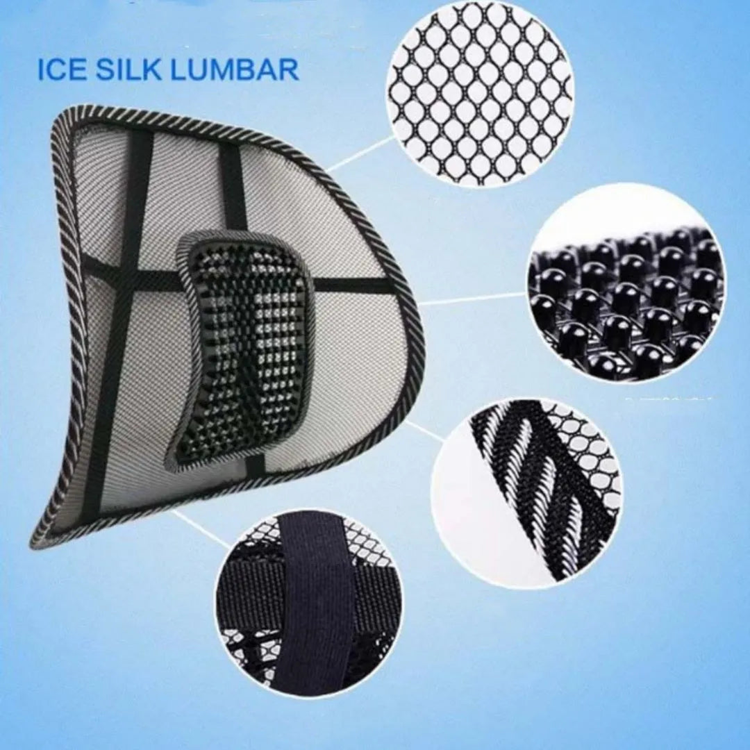 Black leather lumbar support pillow with steel wire frame measuring 41 x 39 cm