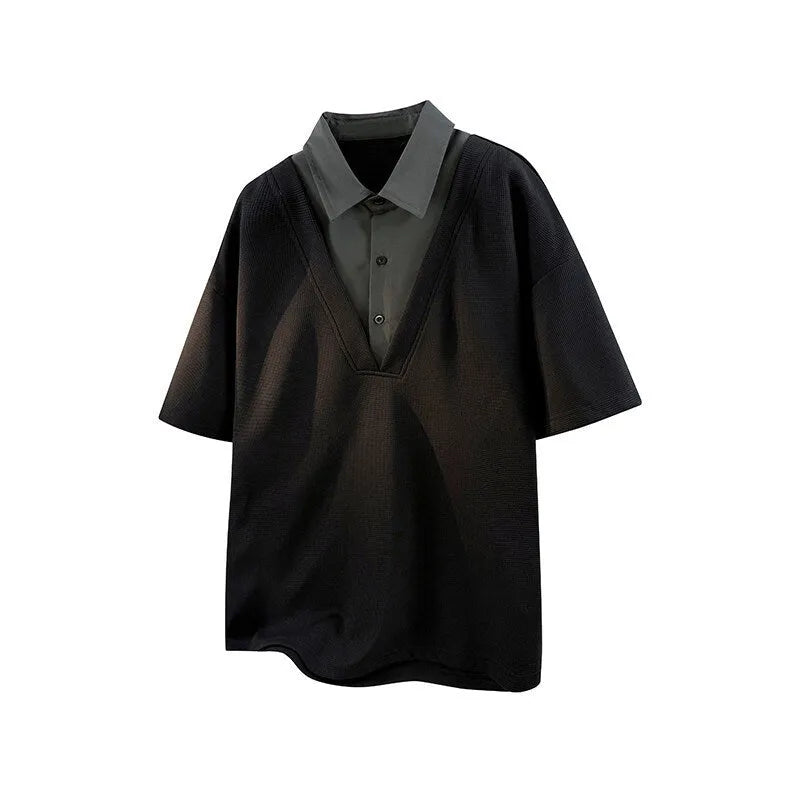 Men's black short-sleeve pullover sweater with a structured padded Henry collar.